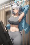  1girl absurdres alternate_costume animal_ears arm_up armpits bare_shoulders blue_archive blue_eyes blue_halo blue_jacket blush breasts collarbone gileu grey_hair grey_pants grey_sports_bra halo highres jacket large_breasts medium_hair midriff navel off_shoulder open_clothes open_jacket pants parted_lips shiroko_(blue_archive) smile solo sports_bra stomach thighs yoga_pants 