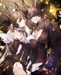  2girls absurdres animal_ears asymmetrical_hair asymmetrical_legwear blindfold breasts brown_hair closed_eyes detached_sleeves dual_persona extra_ears frilled_sleeves frills galleon_(granblue_fantasy) galleon_(life&#039;s_compassionate_observer)_(granblue_fantasy) gloves granblue_fantasy highres horns large_breasts long_hair multicolored_hair multiple_girls pakkuncho parted_lips pointy_ears purple_nails skindentation streaked_hair thigh_strap white_gloves 