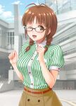  1girl akizuki_ritsuko antenna_hair belt black-framed_eyewear blue_sky blurry blurry_background blush braid breasts brown_belt brown_eyes brown_hair brown_skirt building clenched_hands cloud day glasses green_shirt hair_over_shoulder hair_tie hands_up hida_tatsuo idolmaster idolmaster_(classic) idolmaster_million_live! idolmaster_million_live!_theater_days large_breasts long_hair looking_at_viewer one_eye_closed open_mouth outdoors shirt short_hair short_sleeves skirt sky smile solo stairs striped striped_shirt traffic_cone twin_braids upper_body window 