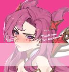  1girl blush closed_mouth commission earrings english_text hair_ornament jewelry kai&#039;sa league_of_legends long_hair pink_background pink_eyes pink_hair portrait solo star_(symbol) star_earrings star_guardian_kai&#039;sa star_hair_ornament thank_you two_side_up wosashimi 