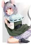  1girl animal_ears ari_don black_socks bloomers capelet clothes_lift dress dress_lift from_behind green_dress grey_hair highres looking_at_viewer looking_back mouse_ears mouse_girl mouse_tail nazrin open_mouth red_eyes sitting socks solo tail touhou wariza 