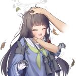  1girl binoculars black_gloves black_hair blue_archive blue_shirt blunt_bangs blunt_ends blush closed_eyes commentary_request disembodied_limb falling_leaves gloves green_neckerchief grey_halo halo hands_up headpat highres leaf long_hair long_sleeves miyu_(blue_archive) morishin546 neckerchief open_mouth sailor_collar school_uniform serafuku shirt sidelocks simple_background solo squishing upper_body very_long_hair wavy_mouth white_background white_sailor_collar 