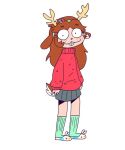  accessory anthro antlers black_eyes bottomwear braces brown_body brown_hair buckteeth clothing deer female footwear hair hair_accessory horn mammal renita_reed renita_reed_(character) simple_background skirt slippers smile socks solo sweater tail teeth topwear white_background 