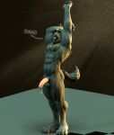  anthro blonde_hair canid canine canis erection genitals hair half-erect hi_res male male/male mammal morning_stretch morning_wood nude pecs penis rexwolf solo tired wolf 