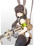  1girl animal_ears armband ass assault_rifle backpack bag black_pantyhose black_scarf breasts brown_eyes brown_hair brown_leotard cowboy_shot fake_animal_ears fake_tail girls&#039;_frontline gloves green_hair grey_gloves gun handgun highres holding holding_gun holding_weapon holster holstered_weapon leotard long_hair m4_carbine m4a1_(girls&#039;_frontline) medium_breasts multicolored_hair nontraditional_playboy_bunny pantyhose playboy_bunny rabbit_ears rabbit_tail raps_(yohomeboyraps) rifle scarf solo standing strapless strapless_leotard streaked_hair tail thigh_holster thigh_strap weapon 