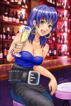  1girl akogi alcohol arc_the_lad arc_the_lad_ii bare_shoulders belt breasts cleavage cup dress drinking_glass earrings jewelry long_hair looking_at_viewer mole mole_under_mouth nail_polish open_mouth shante_(arc_the_lad) sitting smile solo stool wine wine_glass 