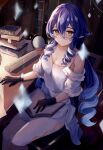  1girl bare_shoulders belt black_gloves blue_hair blurry blush book bookshelf breasts chair closed_mouth collarbone commentary_request crystal dress drill_hair drill_locks frills genshin_impact gloves gradient_hair hair_between_eyes hand_up highres indoors lamp layla_(genshin_impact) library light long_hair looking_at_viewer medium_breasts multicolored_hair nagominagon off-shoulder_dress off_shoulder open_book pantyhose pointy_ears puffy_short_sleeves puffy_sleeves purple_hair scroll shadow short_sleeves sitting smile solo sparkle table twintails white_belt white_dress white_pantyhose yellow_eyes 