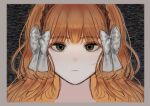  1girl brown_hairband closed_mouth commentary_request expressionless freckles green_eyes hair_ribbon hairband highres ishmael_(limbus_company) johan_00 korean_commentary limbus_company long_hair looking_at_viewer orange_hair portrait project_moon ribbon sketch solo white_ribbon 