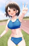  1girl ahoge armpits blush breasts brown_hair buruma commission faubynet highres large_breasts looking_at_viewer midriff navel open_mouth orange_eyes original outdoors short_hair skeb_commission smile solo sports_bra sportswear v 