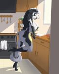  absurd_res anthro apron apron_only big_breasts big_butt black_body black_fur black_hair blue_eyes bovid bovine breasts butt cattle caulette_flower clothing communaughty cooking female fur hair hi_res hooves horn huge_breasts kitchen mammal pinup pose solo spots spotted_body spotted_fur tail white_body white_fur white_hair 