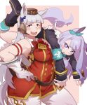  2girls animal_ears bare_shoulders blunt_bangs blush boots border bow bowtie breasts buttons cowboy_shot double-breasted earmuffs gloves gold_ship_(umamusume) grey_hair hand_on_own_hip highres holding horse_ears long_hair long_sleeves looking_at_viewer medium_breasts mejiro_mcqueen_(umamusume) multiple_girls open_mouth outside_border over_shoulder purple_eyes purple_hair sanjiro_(tenshin_anman) simple_background sleeveless smile tail thick_arms thick_thighs thighs umamusume very_long_hair white_border white_gloves wing_collar 