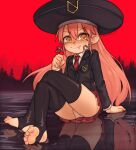  arm_support artist_name black_thighhighs blush clenched_hand crossed_legs earrings fang feet gina_(undead_unluck) hair_between_eyes heart heart_earrings highres jewelry large_hat long_hair looking_at_viewer necktie orange_eyes panties pantyshot pink_hair pleated_skirt red_background red_necktie red_sky reflection reflective_water sitting_on_water skirt sky stirrup_legwear suit_jacket syrupmelty thighhighs toeless_legwear toes undead_unluck underwear v-shaped_eyebrows water white_panties 