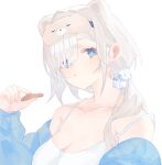  1girl animal_ears arknights aurora_(arknights) bare_shoulders bear_ears blush breasts camisole cleavage commentary_request cube_hair_ornament hair_ornament hair_over_one_eye highres holding large_breasts long_hair looking_at_viewer simple_background solo spaghetti_strap strap_slip tochi_(tochitochi2523) upper_body white_background white_hair 