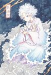 cloud expressionless gender_request grey_eyes holding holding_scroll kohitaki_1467 long_sleeves original robe scroll short_hair translation_request white_hair white_robe wide_sleeves 