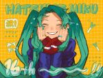  1girl alternate_design anniversary artist_name blue_jacket blush character_name closed_eyes congratulations curtained_hair facing_viewer green_hair green_nails grid_background grin hair_scarf hands_on_own_chin hatsune_miku heart jacket jewelry long_hair long_sleeves matsuzaki_black multiple_rings pinky_ring ring smile solo spring_onion translation_request twintails upper_body very_long_hair vocaloid wink_star yellow_background 