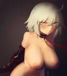  1girl ahoge arms_behind_back bangs blush breasts cad_(caddo) clenched_teeth collar collarbone fate/grand_order fate_(series) grey_hair highres jeanne_d&#039;arc_alter_(avenger)_(fate) jeanne_d&#039;arc_alter_(fate) large_breasts leash looking_at_viewer navel nipples nude restrained short_hair solo teeth yellow_eyes 