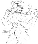 2018 anthro bear butt claws clothing fist hanna-barbera hat head_turned headgear headwear hi_res looking_at_viewer looking_back male mammal marcushunter mostly_nude mouth_closed muscular muscular_anthro muscular_male rear_view scarf short_tail signature smile smiling_at_viewer solo standing tail vein yogi_bear yogi_bear_(character) 