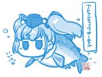  1girl animalization artist_logo atlanta_(kancolle) blue_theme commentary_request fish garrison_cap hat kantai_collection kutone_shirika long_hair monochrome sign solid_oval_eyes solo translation_request twintails 