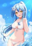  1girl :d ahoge bikini blue_hair blue_sky blush breasts cleavage clenched_hand cloud collarbone commentary cowboy_shot curvy flower front-tie_bikini_top front-tie_top groin hair_between_eyes hair_flower hair_ornament hair_over_breasts halterneck hand_up happy head_tilt heart heart_ahoge highres hololive kamachi_(kamati0maru) large_breasts light_rays long_hair looking_at_viewer midriff navel open_mouth outdoors outstretched_arm pointy_ears ponytail sidelocks sky smile solo sparkle standing stomach swimsuit very_long_hair virtual_youtuber water water_drop wet white_bikini white_flower yellow_eyes yukihana_lamy 