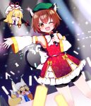  3girls absurdres adapted_costume animal_ears armpits bare_shoulders blonde_hair blush brown_eyes brown_hair cat_ears cat_tail chen closed_eyes detached_sleeves dress earrings fang fingernails fox_ears fox_tail gap_(touhou) green_headwear hair_between_eyes hat hat_ribbon highres holding holding_microphone jewelry long_fingernails long_hair long_sleeves microphone mob_cap multiple_girls multiple_tails nail_polish open_mouth red_dress red_nails red_ribbon ribbon sharp_fingernails short_hair single_earring skin_fang smile tabard tail touhou white_dress white_headwear wide_sleeves yakumo_ran yakumo_yukari you_(noanoamoemoe) 