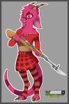  absurd_res anthro bottomwear claws clothing colored costume detailed dragon ear_tuft female footwear fur grey_background hi_res holding_object holding_weapon horn humanoid inner_ear_fluff kayasamix knife liazrd line_art lizard logo miniskirt mouth_closed one_eye_closed pleated_skirt reptile scalie simple_background skirt smile socks solo tail toony traditional_media_(artwork) tuft weapon 