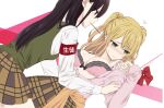  2girls aihara_academy_school_uniform aihara_mei aihara_yuzu black_hair blonde_hair blush bra breasts breasts_out citrus_(saburouta) ear_blush food food_in_mouth gangshangguang_(smjy5842) green_eyes gyaru highres holding holding_food long_hair lying mouth_hold multiple_girls navel on_back open_clothes open_shirt partially_undressed pink_shirt pocky pocky_kiss purple_eyes school_uniform shared_food shirt step-siblings thighs underwear undressing wife_and_wife yuri 