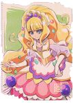  1girl artist_logo big_hair blonde_hair blue_eyes blush bridal_gauntlets brooch choker clothing_cutout cure_finale delicious_party_precure dress gloves heart heart_brooch jewelry kamikita_futago long_hair looking_at_viewer magical_girl medium_dress paper_background precure shoulder_cutout smile solo sparkle_hair_ornament stamp_mark tiara torn_paper white_choker white_gloves 