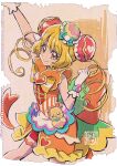  1girl blonde_hair commentary_request cure_yum-yum delicious_party_precure eyelashes hair_ornament hanamichi_ran happy kamikita_futago long_hair looking_at_viewer magical_girl mem-mem_(precure) precure red_eyes smile solo standing twintails wrist_cuffs 