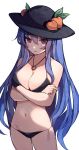  1girl bikini black_bikini black_headwear blue_hair breasts chiroru_(cheese-roll) cleavage closed_mouth commentary crossed_arms food fruit groin highres hinanawi_tenshi jewelry large_breasts leaf long_hair looking_at_viewer navel peach pendant red_eyes sidelocks simple_background solo swimsuit touhou white_background 