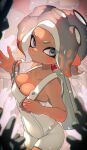 1girl absurdres agent_8_(splatoon) bare_arms bare_shoulders black_eyes bodysuit breast_press breasts bursting_breasts cleavage closed_mouth commentary_request cowboy_shot dark-skinned_female dark_skin expressionless from_side highres kashu_(hizake) large_breasts looking_at_viewer looking_to_the_side octoling octoling_girl sleeveless sleeveless_bodysuit solo splatoon_(series) splatoon_3 splatoon_3:_side_order tentacle_hair thick_eyebrows white_bodysuit 
