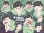  anger_vein clenched_hand clenched_teeth evil_smile frown gesugao green_hoodie holding holding_ladle hood hoodie index_finger_raised ladle laughing matsuno_choromatsu multiple_views osomatsu-san pointing shaded_face shouting smile sneer tamago_toji teeth thumbs_down 