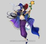  1boy abs black_hair fire_emblem fire_emblem_heroes freestyle18 halloween halloween_costume hat headband holding holding_staff long_hair male_focus midriff mini_hat mini_witch_hat navel official_alternate_costume pants purple_pants seadall_(fire_emblem) seadall_(halloween)_(fire_emblem) solo staff witch_hat 