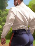  1boy ass bara black_hair black_pants day facial_hair golden_kamuy long_sideburns male_focus muscular muscular_male nopinzo outdoors pants shirt short_hair sideburns sky solo tanigaki_genjirou twitter_username white_shirt 