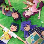  1girl 3boys ash_ketchum black_hair black_shirt chloe_(pokemon) closed_eyes closed_mouth commentary_request day eevee from_above goh_(pokemon) grass grey_shirt grookey highres leon_(pokemon) long_hair lying map multiple_boys on_back outdoors parted_lips pikachu pink_shirt pokemon pokemon_(anime) pokemon_(creature) pokemon_journeys rei_hinketsu shirt short_sleeves sleeping split_mouth t-shirt white_shirt 