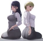  2girls :d absurdres ano_(gccx8784) arms_behind_back ass black_hair blonde_hair breasts closed_mouth earrings from_behind grey_pants grey_skirt grey_vest highres holding_own_arm jewelry large_breasts long_hair long_sleeves looking_at_viewer looking_back medium_breasts multiple_girls office_lady open_mouth original pants pantylines pencil_skirt purple_eyes red_eyes shirt short_hair sitting skirt smile stud_earrings tight_clothes tight_pants vest wavy_hair white_shirt 