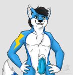  anthro blue_body erection genitals hybrid male nails penis smile solo stormy_folfsky 