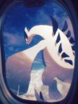  above_clouds airplane_interior arc_draws closed_mouth cloud commentary_request day fang flying highres lugia no_humans pokemon pokemon_(creature) skin_fang sky solo window 