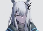  1girl animal_ear_fluff animal_ears arknights black_jacket bright_pupils crying ear_ornament frostnova_(arknights) grey_background grey_eyes grey_hair hair_ornament hair_over_one_eye hairclip horizontal_pupils jacket long_hair looking_at_viewer mizuki76767 portrait rabbit_ears rabbit_girl ring_hair_ornament scar scar_on_face scar_on_nose simple_background solo white_pupils 