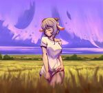  2022 anthro biped blue_hair bottomless bovid caprine clothed clothing digital_media_(artwork) female field goat hair hi_res horn kbart looking_away mammal outside shaded shirt solo standing topwear white_clothing white_shirt white_topwear 
