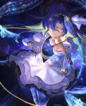  1girl absurdres blue_hair bow_(music) closed_eyes english_commentary gloves hair_ornament highres holding holding_bow_(music) holding_instrument holding_violin instrument music musical_note nadenadesuki planet playing_instrument reverse:1999 skirt smile star_(sky) star_(symbol) star_hair_ornament treble_clef twitter_username violin voyager_(reverse:1999) white_gloves 
