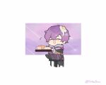  1boy :d ^_^ artist_name black_jacket blush chair chibi closed_eyes commentary_request cup egg_(food) falsebeta food fried_egg hair_between_eyes happy highres hood hood_down hoodie jacket long_sleeves male_focus mug musical_note nijisanji nijisanji_en open_mouth pancake pancake_stack plate purple_background purple_hair purple_hoodie shooting_star short_hair simple_background sitting smile solo star_(symbol) table twitter_username uki_violeta virtual_youtuber white_background wide_sleeves 