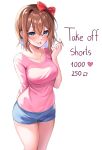  1girl bare_legs blue_eyes blush breasts brown_hair doki_doki_literature_club hair_between_eyes hair_ribbon highres long_sleeves looking_at_viewer machulanko medium_breasts meme open_mouth pink_shirt playing_with_own_hair red_ribbon ribbon sayori_(doki_doki_literature_club) shirt short_hair shorts smile twitter_strip_game_(meme) white_background 