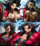  2boys 2girls abs absurdres belt black_hair blue_sky body_fur breasts caulifla cloud covering_nipples crossed_arms dragon_ball dragon_ball_gt dragon_ball_super earrings elite_nappa gloves green_eyes highres jewelry kale_(dragon_ball) large_breasts long_hair monkey_tail multiple_boys multiple_girls muscular muscular_male nipples shade sky smile son_goku spiked_hair tail tongue tongue_out topless topless_male vegeta vs white_gloves yellow_eyes 