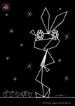  1999 anthro biped black_and_white black_background clothed clothing crossed_legs digital_media_(artwork) dress female full-length_portrait hand_on_hip happy hi_res japanese_text lagomorph leporid logo long_legs looking_at_viewer mammal monochrome official_art pivoted_ears plantigrade playstation playstation_logo polygons portrait pose rabbit raised_arm simple_background solo sony_corporation sony_interactive_entertainment standing star text vib-ribbon vibri white_line_art 
