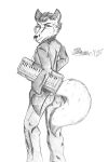  2018 anthro bottomwear canid canine clothed clothing elliot_&quot;eli&quot;_michael_tanner fox fur hair hi_res keyboard keyboard_instrument looking_aside looking_away looking_back male mammal marcushunter mouth_closed musical_instrument musical_keyboard necktie pants raised_tail rear_view shirt signature solo standing tail topwear 