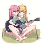  2girls ? barefoot black_shirt blonde_hair blue_eyes blue_shorts bocchi_the_rock! collarbone cube_hair_ornament electric_guitar gotou_hitori green_shirt guitar hair_ornament highres holding holding_instrument ijichi_nijika instrument long_hair multiple_girls one_side_up pink_hair red_eyes shirt shorts simple_background tatami white_background xion_(pulilulu) 