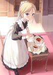  1girl apron blonde_hair blue_eyes cup holding ina_(inadahime) looking_at_viewer maid maid_apron maid_headdress original solo table tea teacup teapot 