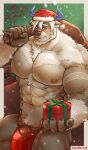  1boy abs absurdres bara big_foot_(housamo) blush bulge bull chizo_(chizo67) furry furry_male gift hat highres holding holding_gift holding_sack horns male_focus merry_christmas muscular muscular_male penis penis_peek sack santa_hat smiley_face snowing solo tokyo_afterschool_summoners tongue tongue_out topless_male torn_clothes veins veiny_penis 