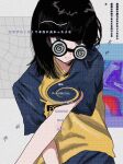  1girl black_eyes black_hair blue_shirt blunt_bangs coke-bottle_glasses eyebrows_hidden_by_hair eyes_visible_through_hair glasses highres looking_at_viewer maho_(_i_kill_girl_) medium_hair multicolored_shirt original shirt short_sleeves solo translation_request yellow_shirt 