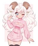  1girl animal_ears aran_sweater artist_name blue_eyes blush breasts cable_knit chelly_(chellyko) cleavage cleavage_cutout clothing_cutout commentary cowboy_shot earrings english_commentary highres hoop_earrings horns jewelry long_hair long_sleeves looking_at_viewer medium_breasts meme_attire multiple_earrings nail_polish one_eye_closed open-chest_sweater original sheep_ears sheep_girl sheep_horns smile solo sweater thighhighs very_long_hair 